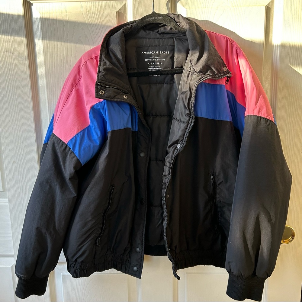 American Eagle Outfitters Black, Pink, and Blue Puffer Jacket